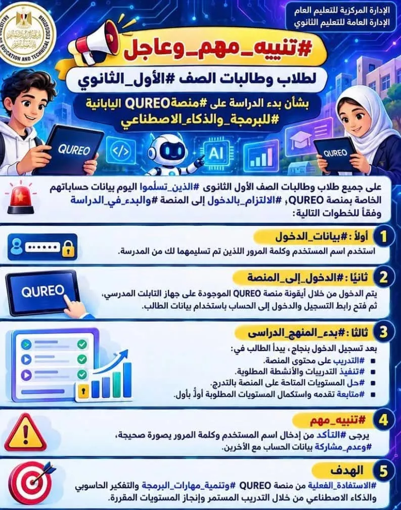 تنبيه مهم لطلاب أولى ثانوي بشأن خطوات بدء استخدام منصة QUREO لدراسة البرمجة
